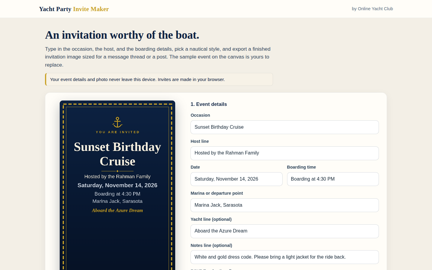 Yacht Party Invite Maker main screen with the event detail fields, style choices and export formats