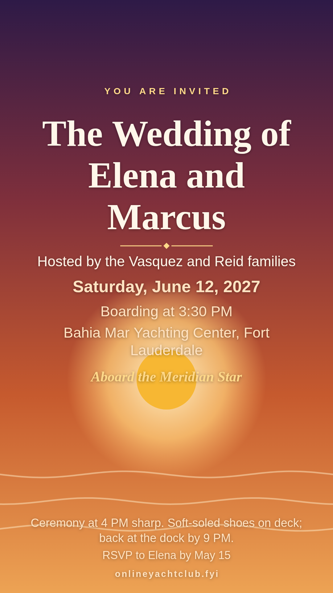 The exported yacht wedding invitation for Elena and Marcus in Sunset Gold, vertical, with boarding time, marina, notes and RSVP lines